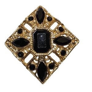 Vintage Diamond Shape Art Deco Black Gem Gold Tone Brooch